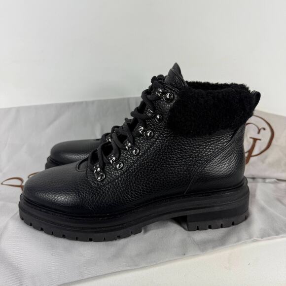 M. Gemi Alpi Combat Boots Women's 8 Black Leather Shearling Fur Trim Lace Up - Picture 5 of 10